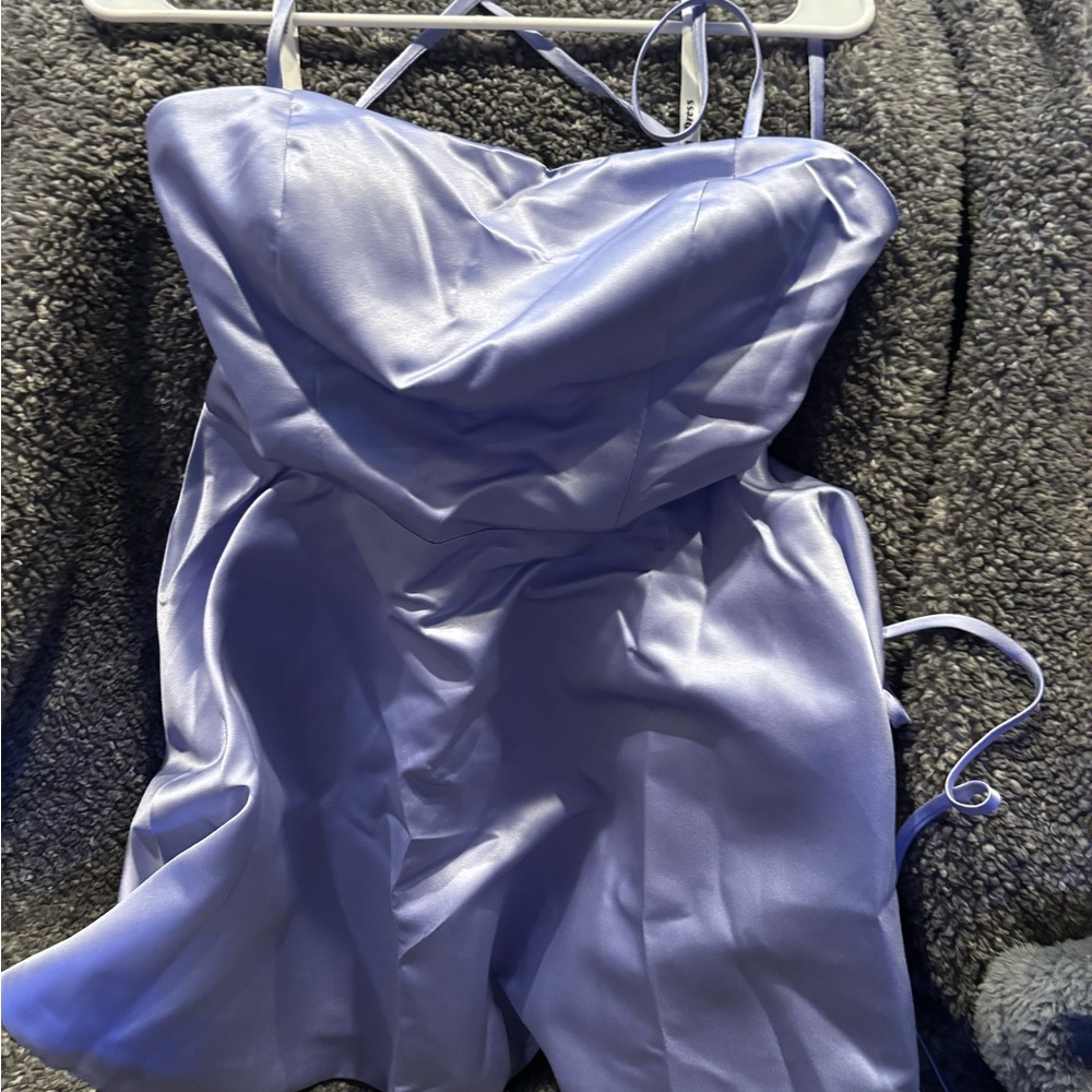 Spaghetti strap Lavender Satin mini Dress with ties for back.